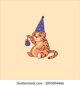 Vector cute tiger. Animal character idea for kids and toddlers for print, New Years greeting cards.