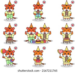 Vector of Cute Tiger in Birthday Party. Set of cute little Tiger characters. Collection of funny Tiger isolated on a white background.