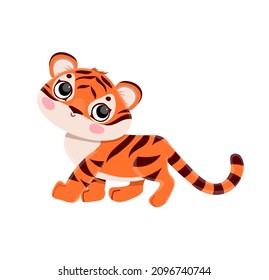 Vector lindo cachorro tigre. Adorable tigre pequeño caminando. Símbolo chino de año nuevo. Animado animal zoológico, divertido depredador salvaje. Personaje de la jungla feliz para el diseño de los niños.