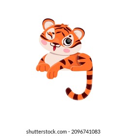 Vector cute tiger cub. Adorable small tiger sitting giving a wink. Chinese new year symbol. Cheerful zoo animal, funny wild predator. Happy jungle character for kids design.