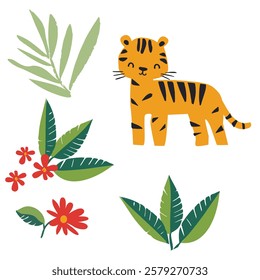 Vector Cute Tiger with Flowers and Leaves Jungle Trendy Summer Kids Print Illustration
