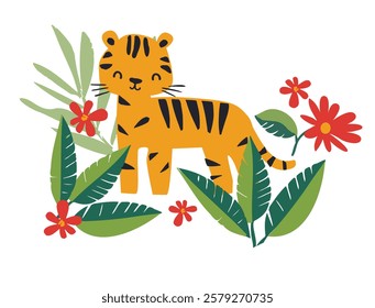 Vector Cute Tiger with Flowers and Leaves Jungle Trendy Summer Kids Print Illustration
