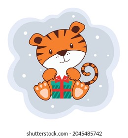 Un tigre vectorial lindo con regalo, una idea de personaje animal lindo para niños y niños pequeños para imprimir y camisetas, tarjetas de felicitación, arte en la pared de un bebé, postales