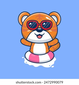 Vector cute tiger in sunglasses floating with swimming. flat cartoon style