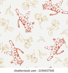 Vector Cute Tigers with Magnolia Lineart Drawing seamless pattern background. Perfect for fabric, scrapbooking and wallpaper projects.