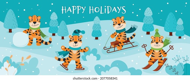 Vector cute Tigers are the symbol of 2022. Funny Tigers play winter games: skiing, sledding, ice skating, sculpting a snowman. Tigers new year banner for your design. Set of Tigers.