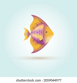 Vector cute tiny colorful exotic aquarium fish icon. Isolated gradient sign with shiny tropical fingerling in purple and orange colors