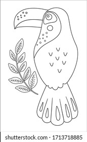 Vector cute toucan outline. Funny tropical exotic bird black and white illustration. Fun coloring page for children. Jungle summer clip art