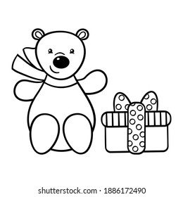 Vector cute toy bear in a scarf with a holiday gift, coloring page