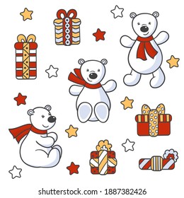 Vector cute toy bears in a scarf with a holiday gifts, for the design of packages, covers, textile prints, children's books, greeting cards
