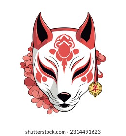 Vector Cute traditional japanese kitsune mask with sakura flower sticker isolated on white background kabuki, bunny, fox, logo icon vector illustration