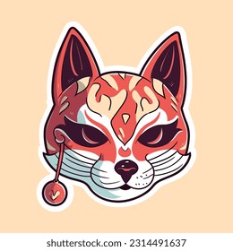 Vector Cute traditional japanese kitsune mask with sakura flower sticker isolated on white background kabuki, bunny, fox, logo icon vector illustration