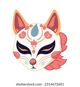 Vector Cute traditional japanese kitsune mask with sakura flower sticker isolated on white background kabuki, fox, logo icon vector illustration