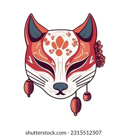 Vector Cute traditional japanese kitsune mask with sakura flower sticker isolated on white background kabuki, fox, logo icon vector illustration