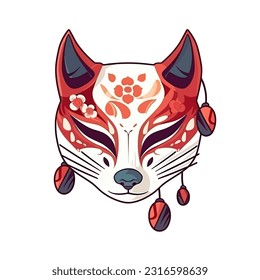 Vector Cute traditional japanese kitsune mask with sakura flower sticker isolated on white background kabuki, fox, logo icon vector illustration