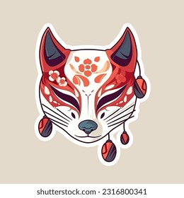 Vector Cute traditional japanese kitsune mask with sakura flower sticker isolated on white background kabuki, fox, logo icon vector illustration