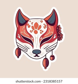  Vector Cute traditional japanese kitsune mask with sakura flower sticker isolated on white background kabuki, fox, logo icon vector illustration