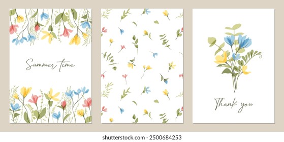 Vector cute transparent flowers illustration of colorful wildflowers. Floral templates for invitation, birthday, Mothers Day card, poster, post in social media, cover. Botanical frame, border, pattern