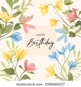Vector cute transparent flowers illustration of colorful wildflowers. Floral templates for invitation, birthday, Mothers Day card, poster, post in social media, cover. Botanical frame, border, pattern