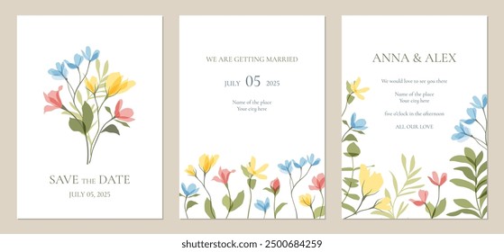 Vector lindo transparente ilustración de flores silvestres coloridas. Plantillas florales para invitación, cumpleaños, tarjeta del Día de la Madre, cartel, publicación en redes sociales, portada.