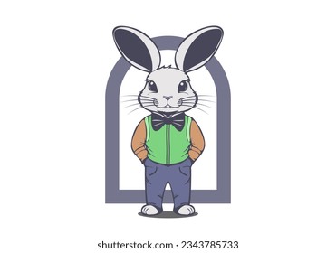 Vector cute trendy rabbit in pants and vest. Fairy easter bunny. White isolated background.
