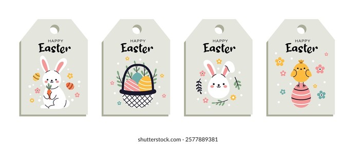 Vector cute trendy set of gift tags with Happy Easter text with eggs, cute bunny and chick. Labels collection perfect for holiday design.