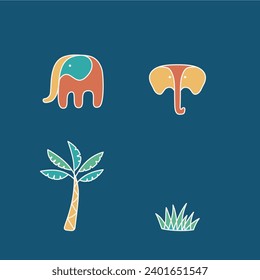 Vector Cute Tropical Elephant Tree Grass Set Element Graphic Simple