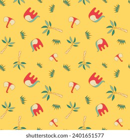 Vector Cute Tropical Elephant Tree Grass Seamless Pattern Background Wallpaper Colorful