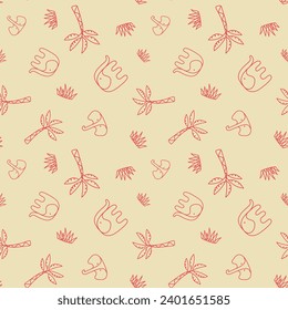 Vector Cute Tropical Elephant Tree Grass Seamless Pattern Outline Background Wallpaper Yellow Orange