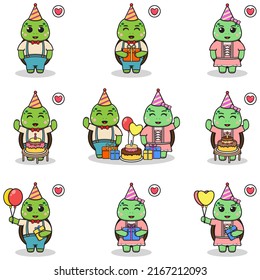 Vector of Cute Turtle in Birthday Party. Set of cute little Turtle characters. Collection of funny Turtle isolated on a white background.
