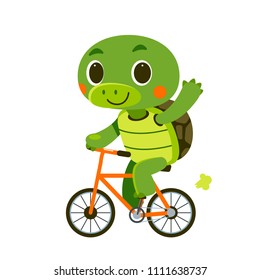 Vector cute turtle character riding bicycle