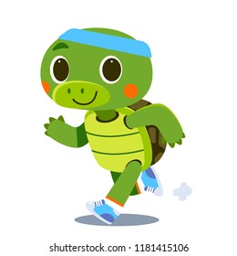 Vector cute turtle character running isolated on white background