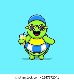 Vector cute turtle illustration wearing a tire float and enjoying juice.