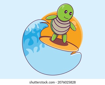 vector cute turtle surfing cartoon character illustration