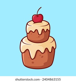 Vector cute Two layer cake with cherry illustration cartoon doodle flat colorful line art vector design isolated object icon