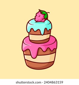 Vector cute Two layer cake with raspberries illustration cartoon doodle flat colorful line art vector design isolated object icon