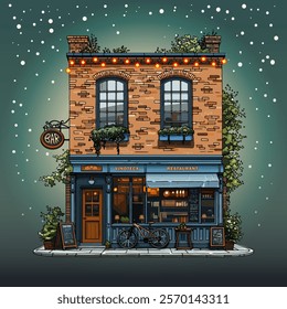 Vector, cute two story brick house, bar, restaurant, colorful, New Year display, snowfall