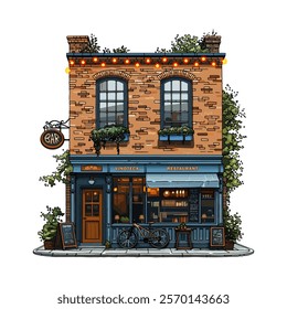 Vector, cute two story brick house, bar, restaurant, colorful, white background