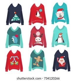 vector cute ugly christmas sweaters set sweater party collection for invitations 