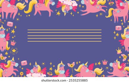 Fondo lindo del unicornio del Vector. Colección animal de fantasía con cuerno amarillo y melena rosa.