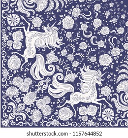 Vector cute unicorn beige print on a dark blue background. Floral fantasy pattern, hand drawn flowers, leaves. Quarter scarf, to get the whole shawl should be rotated around the upper right corner
