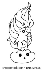 vector cute unicorn black linear art. Magic fantasy pony with horn. Cartoon coloring book page for kids. Simple decoration for nursery room. Sweet clipart isolated on white background. Drawing card 12