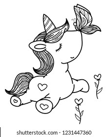 Vector cute unicorn and butterfly,  black silhouettes for coloring.  