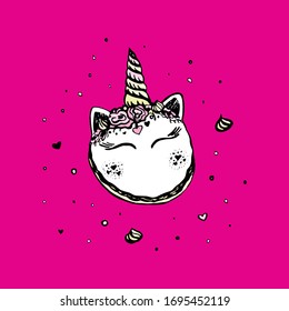 Vector cute unicorn cake, top view. Black outline magic macaroon on a pink background.Doodle cute dessert illustration for kids.