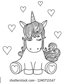 Vector cute unicorn cartoon, black silhouette for coloring.  
