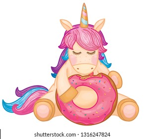Vector cute unicorn cartoon eating donut, isolated on white.