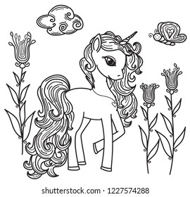 Vector cute unicorn cartoon and  flowers ,  black silhouette,  isolated on white for coloring.