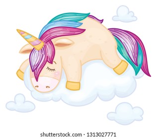 Vector cute, unicorn cartoon sleeping  on cloud, isolated on white.