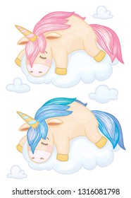 Vector cute, unicorn cartoon sleeping  on cloud, isolated on white.