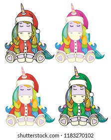 Vector cute  unicorn cartoons in Christmas costume isolated on white.